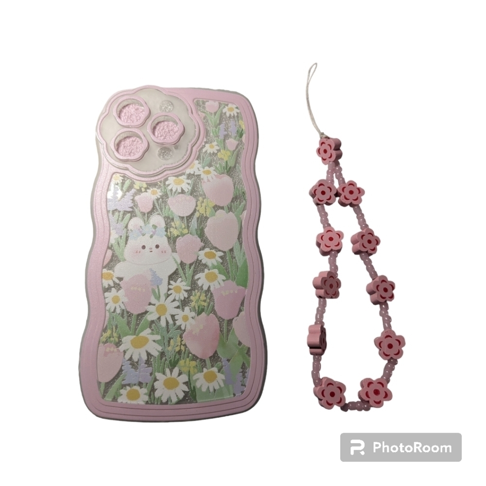 iPhone 14 Pro Max Clear, Cellphone Case, Pink. Floral, beaded chain. NWT.